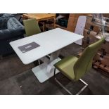 1 X RAFFAEL GLASS TOP EXTENDABLE DINING TABLE - IN WHITE WITH 2 X LEATHER LOOK GREEN DINING CHAIRS