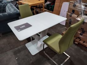 1 X RAFFAEL GLASS TOP EXTENDABLE DINING TABLE - IN WHITE WITH 2 X LEATHER LOOK GREEN DINING CHAIRS