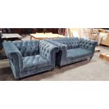2 PIECE MIXED SOFA LOT CONTAINING 1 X WINDSOR 2 SEATER VELVET SOFA IN TEAL COLOUR - ON WHEELS 1 X