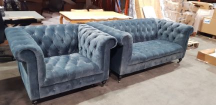 2 PIECE MIXED SOFA LOT CONTAINING 1 X WINDSOR 2 SEATER VELVET SOFA IN TEAL COLOUR - ON WHEELS 1 X