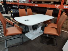 1 X LAZZARO GLASS TOP EXTENDABLE DINING TABLE - IN WHITE WITH 6 X LAZZARO LEATHER LOOK DINING CHAIRS