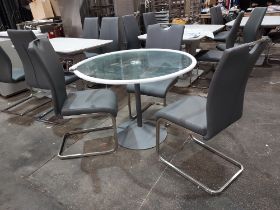 1X ORBIT ROUND GLASS TOP DINING TABLE WITH 3 X LAZZARO DARK GREY LEATHER LOOK DINING CHAIRS ( BASE