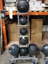 1 X 5 TIER MEDICINE BALL RACK ON WHEELS WITH 7 VARIOUS MEDICINE BALLS TO INCLUDE 1 X 4 KG MIRAFIT