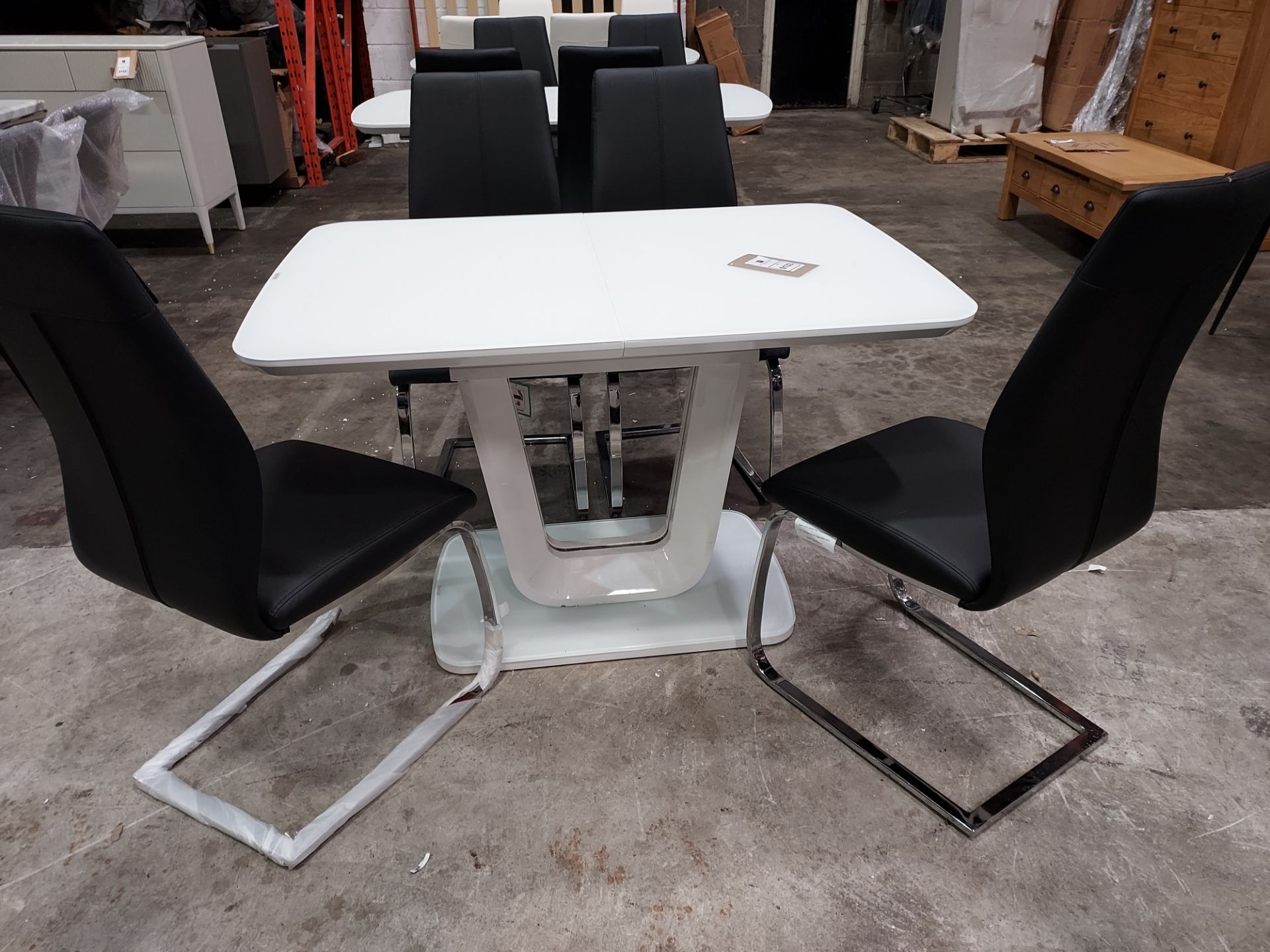 1 X LAZZARO GLASS TOP EXTENDABLE DINING TABLE - IN WHITE WITH 4 X LAZZARO LEATHER LOOK BLACK