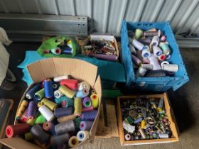MISC SEWING / EMBROIDERY LOT CONSISTING OF 4 BOXES PLUS 1 BAG OF THREAD 350+ ROLLS, 7 REEMS OF LINEN