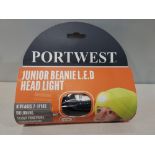 144 X BRAND NEW PORTWEST JUNIOR BEANIE L.E.D HEAD LIGHT IN BLACK WITH 3 LIGHT FUNCTIONS AND 4 HOUR