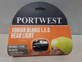 144 X BRAND NEW PORTWEST JUNIOR BEANIE L.E.D HEAD LIGHT IN BLACK WITH 3 LIGHT FUNCTIONS AND 4 HOUR