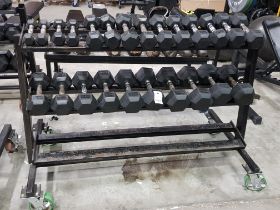 1 X 3 TIER DUMBELL RACK ON WHEELS WITH 12 SETS OF RUBBER COVERED DUMBELLS TO INCLUDE 1 KG / 2 KG / 5