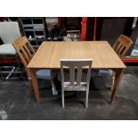 1 X HADLEY NATURAL OAK EXTENDABLE DINING TABLEWITH 2 X WOODEN OAK AND CUSHIONED DINING CHAIRS AND