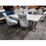 1 X ARIANNA MARBLE TOP DINING TABLE WITH CHROME BASE AND 3 X VELVET BUTTONED BACK CHAIRS IN SILVER