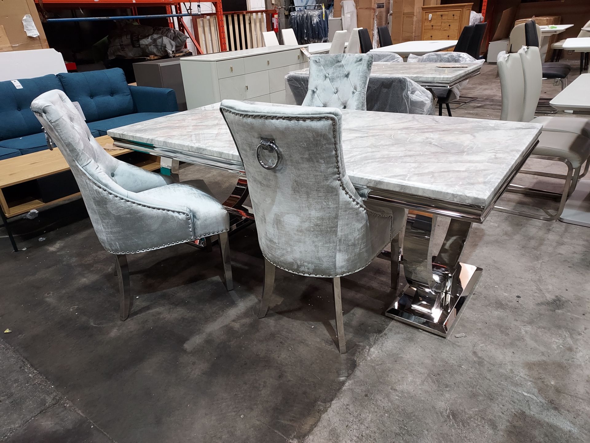 1 X ARIANNA MARBLE TOP DINING TABLE WITH CHROME BASE AND 3 X VELVET BUTTONED BACK CHAIRS IN SILVER