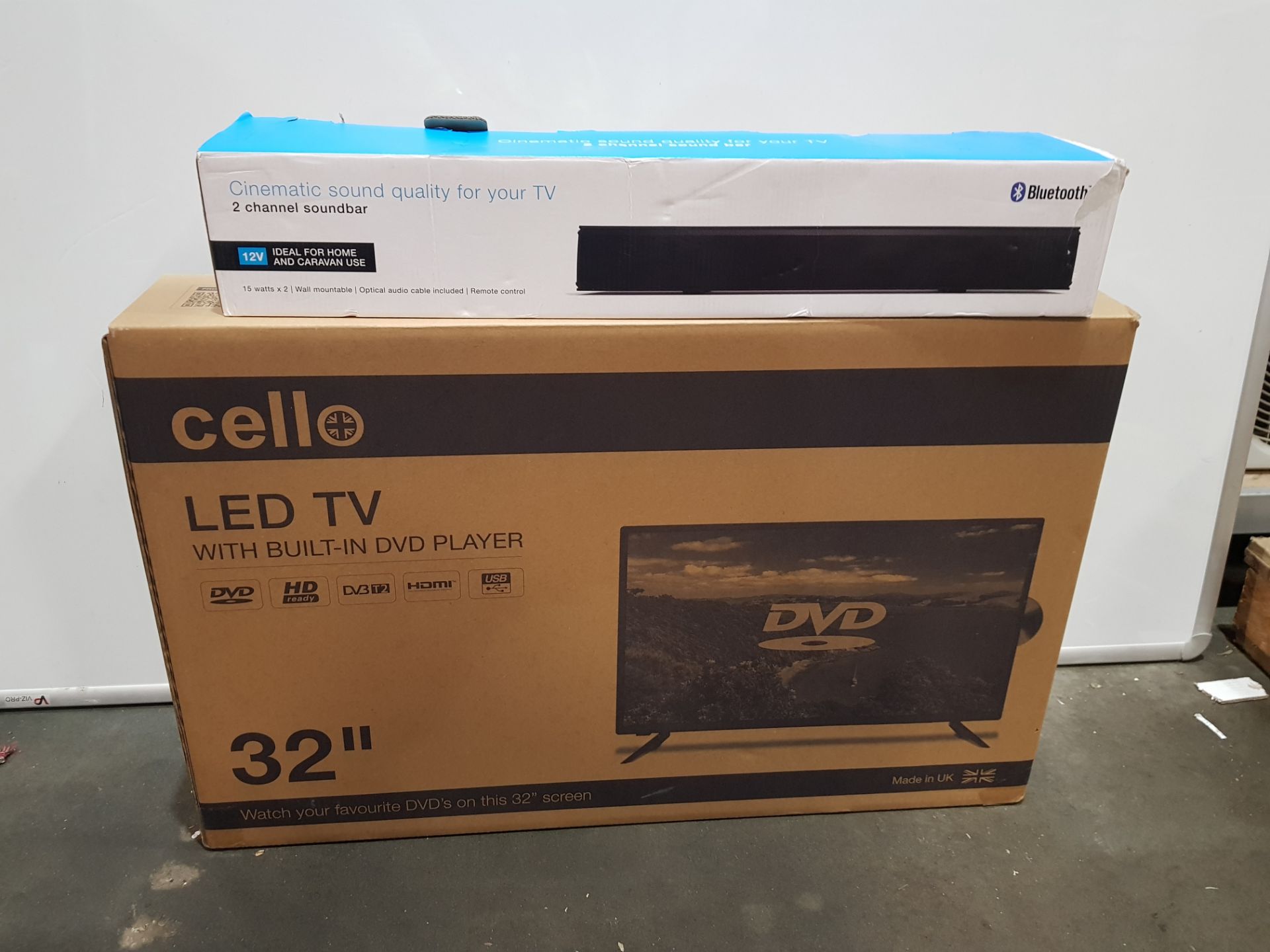 1 X CELLO 32'' LED TV WITH BUILT IN DVD PLAYER BOXED (GRADE A-) WITH 1 X 2 CHANNEL BLUETOOTH