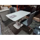 1 X LAZZARO GLASS TOP EXTENDABLE DINING TABLE - IN LIGHT GREY WITH 2 X LAZZARO LEATHER LOOK DARK