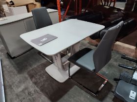 1 X LAZZARO GLASS TOP EXTENDABLE DINING TABLE - IN LIGHT GREY WITH 2 X LAZZARO LEATHER LOOK DARK