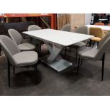 1 X RAFFAEL GLASS TOP EXTENDABLE DINING TABLE - IN LIGHT GREY WITH 6 X LEATHER LOOK LIGHT GREY