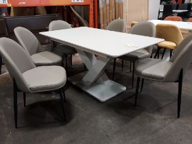 1 X RAFFAEL GLASS TOP EXTENDABLE DINING TABLE - IN LIGHT GREY WITH 6 X LEATHER LOOK LIGHT GREY