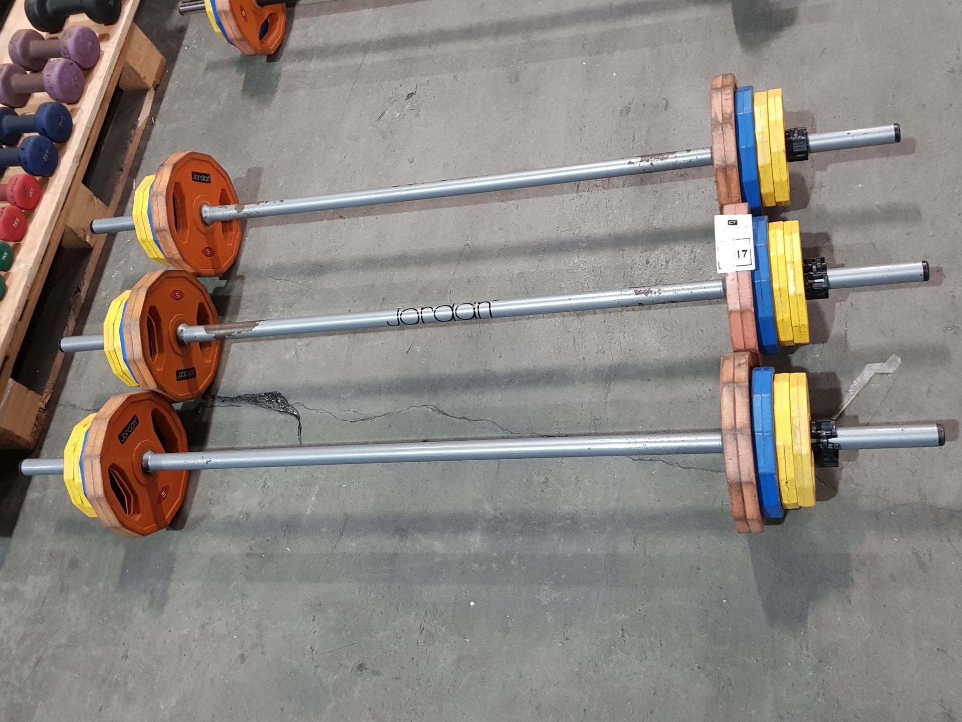 3 X JORDAN BARBELL SETS TO INCLUDE JORDAN RUBBER WEIGHT PLATES 6 X 5KG PLATES 6 X 2.5 KG PLATES 12 X