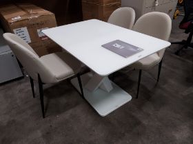 1 X RAFFAEL GLASS TOP EXTENDABLE DINING TABLE - IN WHITE WITH 3 X LEATHER LOOK LIGHT CREAM DINING