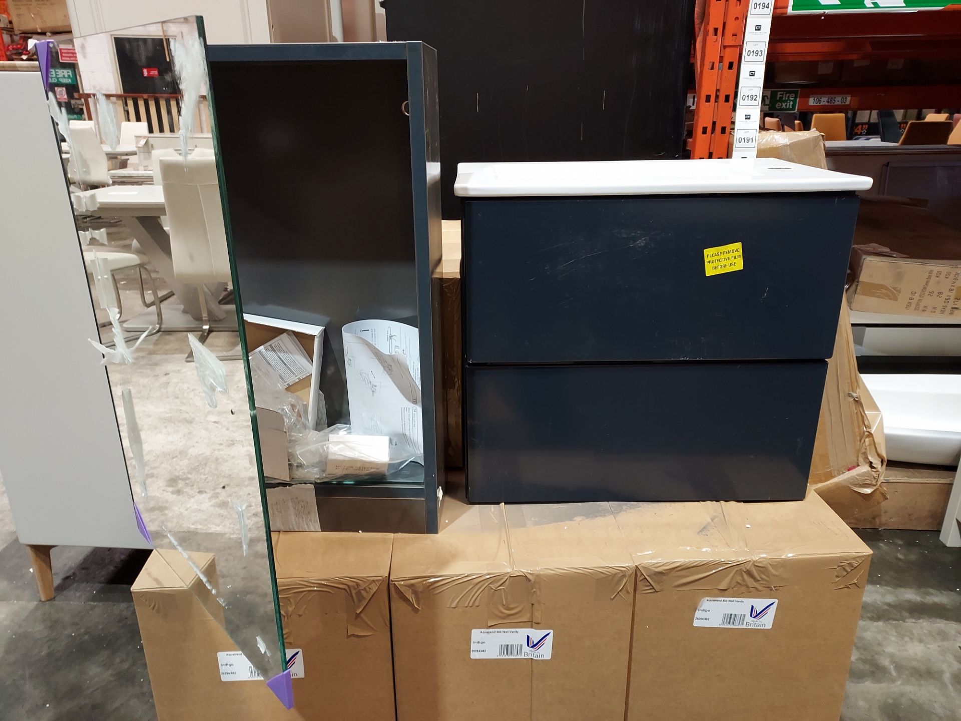 3 PIECE BRAND NEW MIXED BATHROOM LOT CONTAINING 1 X AQUATREND 560 WALL VANITY UNIT IN INDIGO