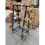 1 X 8 TIER BARBELL RACK ON WHEELS TO INCLUDE 8 X JORDAN BARBELLS AND JORDAN RUBBER WEIGHT PLATES AND
