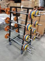 1 X 8 TIER BARBELL RACK ON WHEELS TO INCLUDE 8 X JORDAN BARBELLS AND JORDAN RUBBER WEIGHT PLATES AND