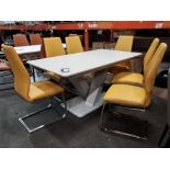 1 X RAFFAEL GLASS TOP EXTENDABLE DINING TABLE - IN LIGHT GREY WITH 6 X LAZZARO LEATHER LOOK DINING