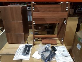 16 PIECE MIXED BATHROOM LOT CONTAINING 7 X BRAND NEW 3 DRAWER 300 BASE UNIT IN DARK WALNUT COLOUR