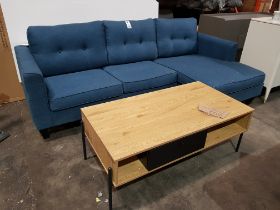 2 PIECE MIXED LOT CONTAINING 1 X 3 SEATER L SHAPE CORNER FABRIC COUCH - IN BLUE AND 1 X MADRID