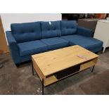 2 PIECE MIXED LOT CONTAINING 1 X 3 SEATER L SHAPE CORNER FABRIC COUCH - IN BLUE AND 1 X MADRID