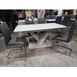 1 X RAFFAEL GLASS TOP EXTENDABLE DINING TABLE - IN LIGHT GREY WITH 4 X LAZZARO LEATHER LOOK DARK