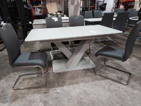 1 X RAFFAEL GLASS TOP EXTENDABLE DINING TABLE - IN LIGHT GREY WITH 4 X LAZZARO LEATHER LOOK DARK