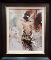 ANNA RAZUMOVSKAYA OIL ON CANVAS TITLED SWEET SURRENDER IN A SILVER COLOURED FRAME SIZE 70CM X 60CM