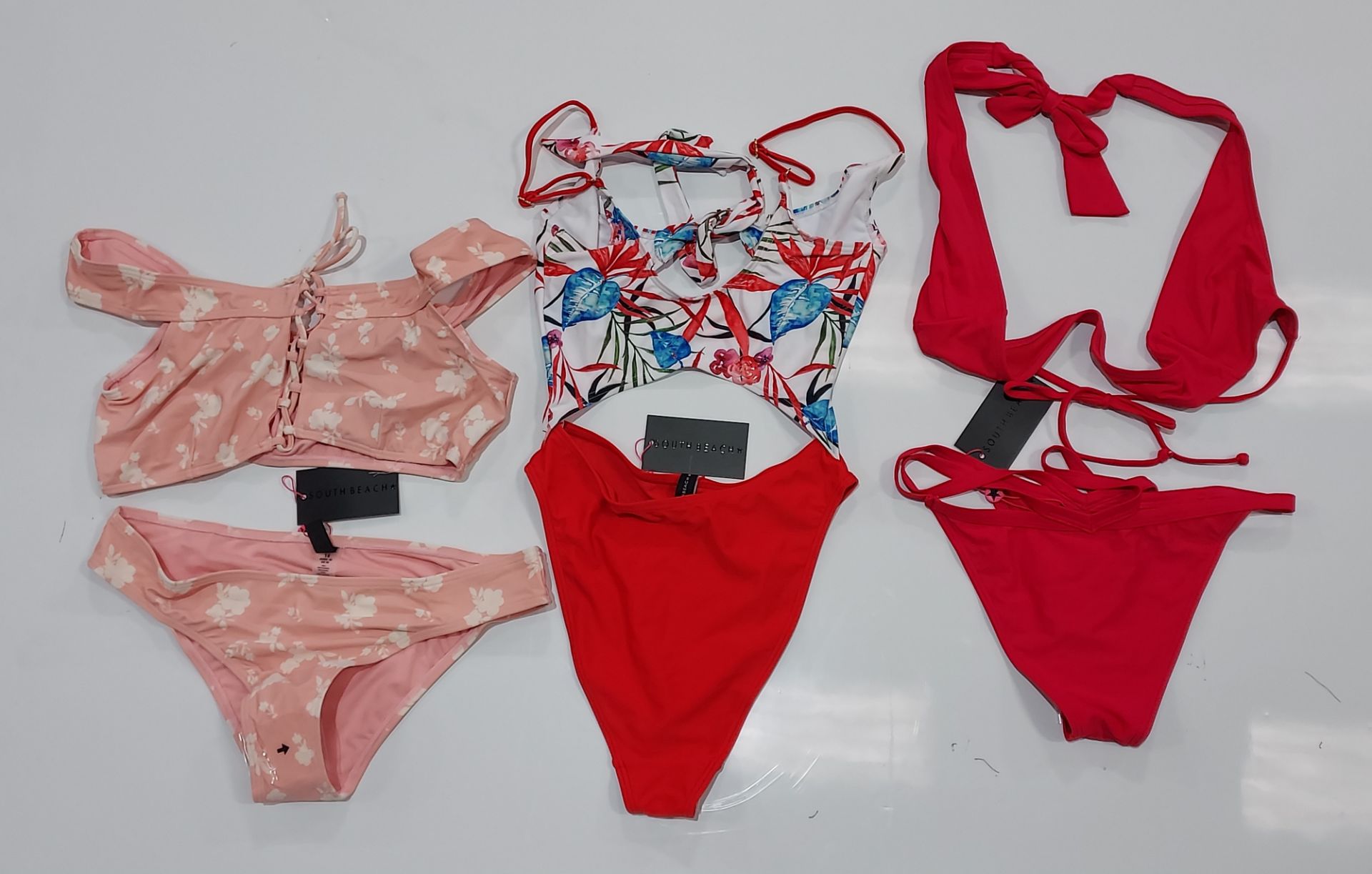 100 X BRAND NEW MIXED CLOTHING LOT CONTAINING SOUTH BEACH CORAL FLORAL BARDOT LACE UP BIKINI / SOUTH