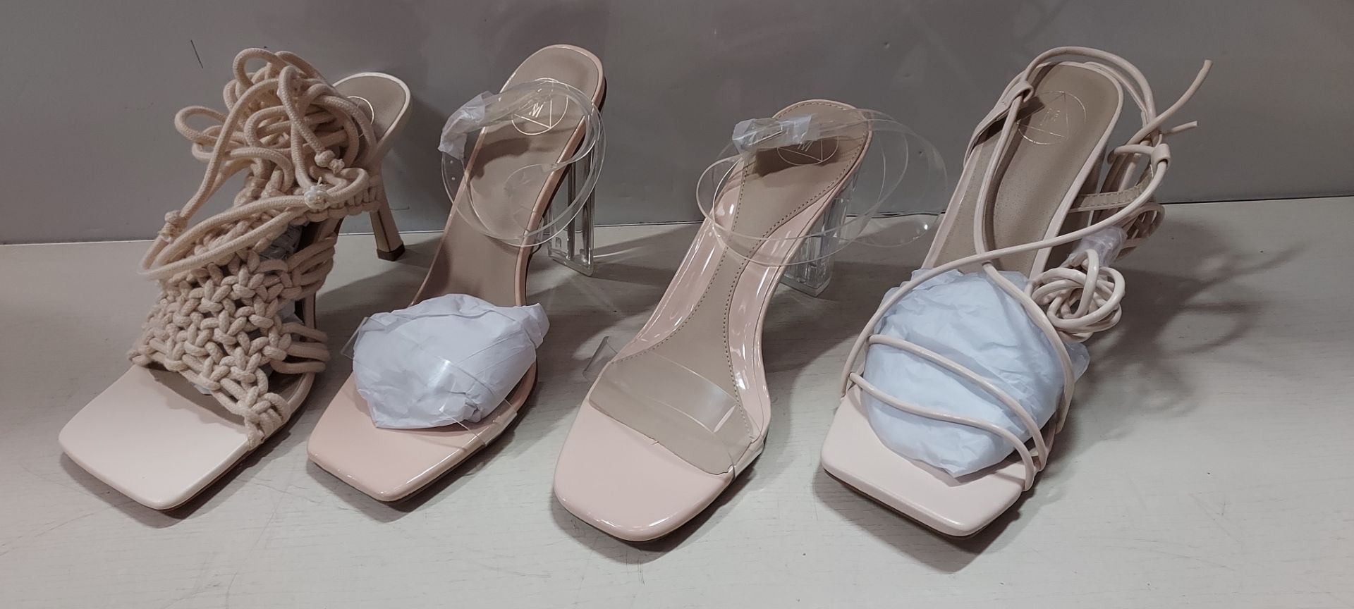 18 X BRAND NEW MIXED MISSGUIDED WOMANS SHOES TO INCLUDE CROCKET TIE UP HEELED SANDALS / WIDE FIT