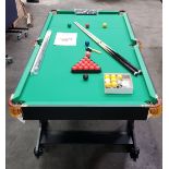 1 X BOXED DONNAY FOLDABLE 6 FT SNOOKER TABLE - ON WHEELS - INCLUDES BALLS / QUES / CHALK AND