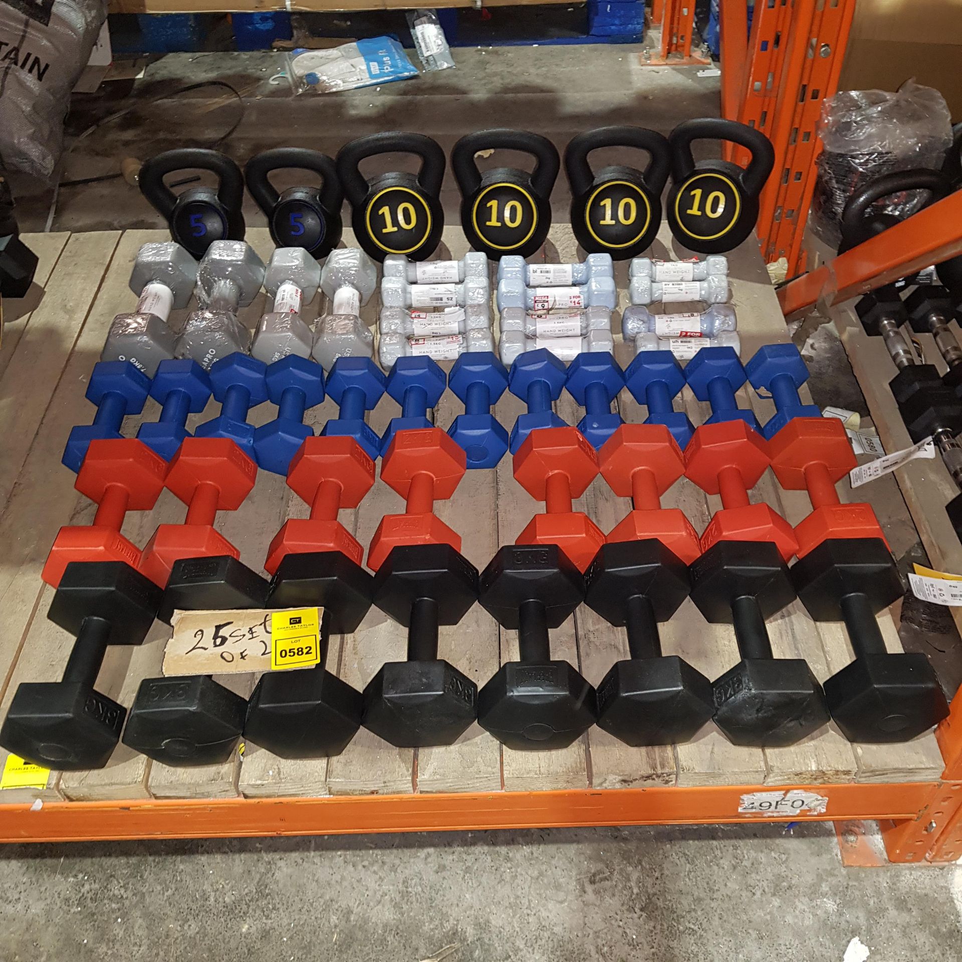 50 PIECE MIXED GYM LOT CONTAINING USA PRO DUMBELLS - 1.5 KG / 5 KG PLASTIC DUMBELLS 1 KG / 2 KG /