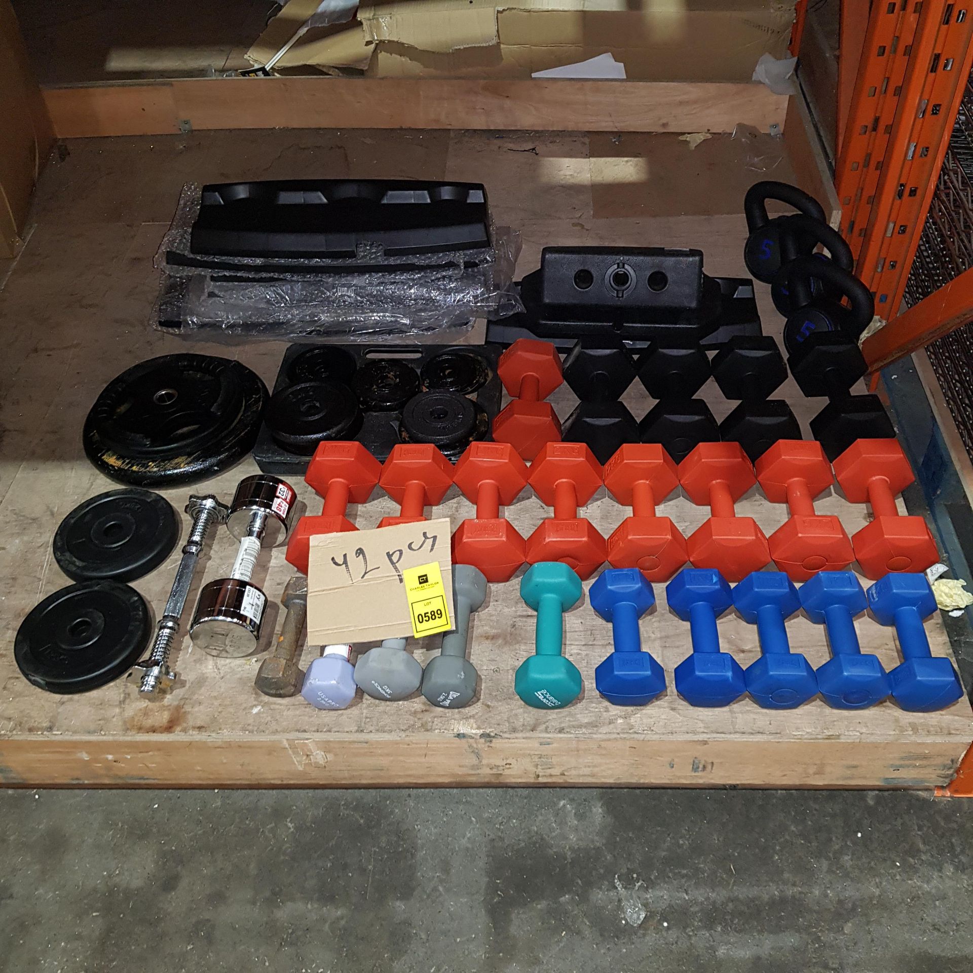 42 PIECE MIXED GYM LOT CONTAINING EVERLAST PLASTIC DUMBELLS - 1 KG / 3 KG / 5 KG / KETTLE BELLS -