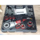 1 X RIDGID 690-I HAND HELD POWERED PIPE THREADER INCLUDES 6 ATTACHMENTS ( 1 MISSING ) AND CARRY CASE