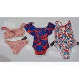 100 X BRAND NEW MIXED CLOTHING LOT CONTAINING SOUTH BEACH HI-NECK FRILL NEON PINK BIKINIS / CORAL