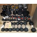 56 PIECE MIXED GYM LOT CONTAINING EVERLAST RUBBER HEX SETS OF 2 DUMBELLS - 2.5 KG / 3 KG / 5 KG /