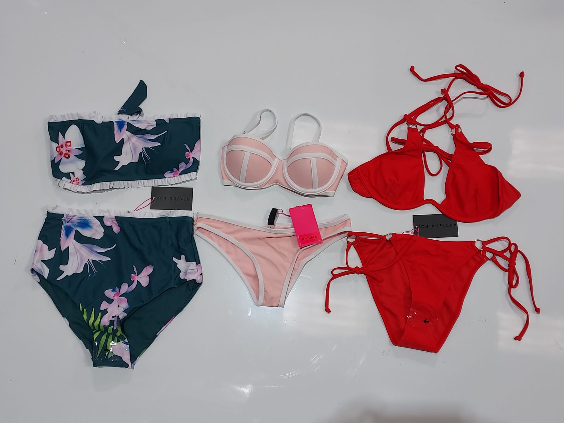 100 X BRAND NEW MIXED CLOTHING LOT CONTAINING BOOST BUSTIER BIKINI AND HIPSTER BRIEF SET / SOUTH