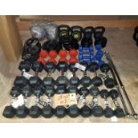 56 PIECE MIXED GYM LOT CONTAINING EVERLAST RUBBER HEX SETS OF 2 DUMBELLS - 3 KG / 4 KG / 5 KG / 7 KG