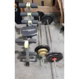 3 PIECE MIXED LOT CONTAINING 2 X METAL BARBELLS WITH PLATES INCLUDING 6 X 10 KG / 2 X 2.3 KG / 2 X