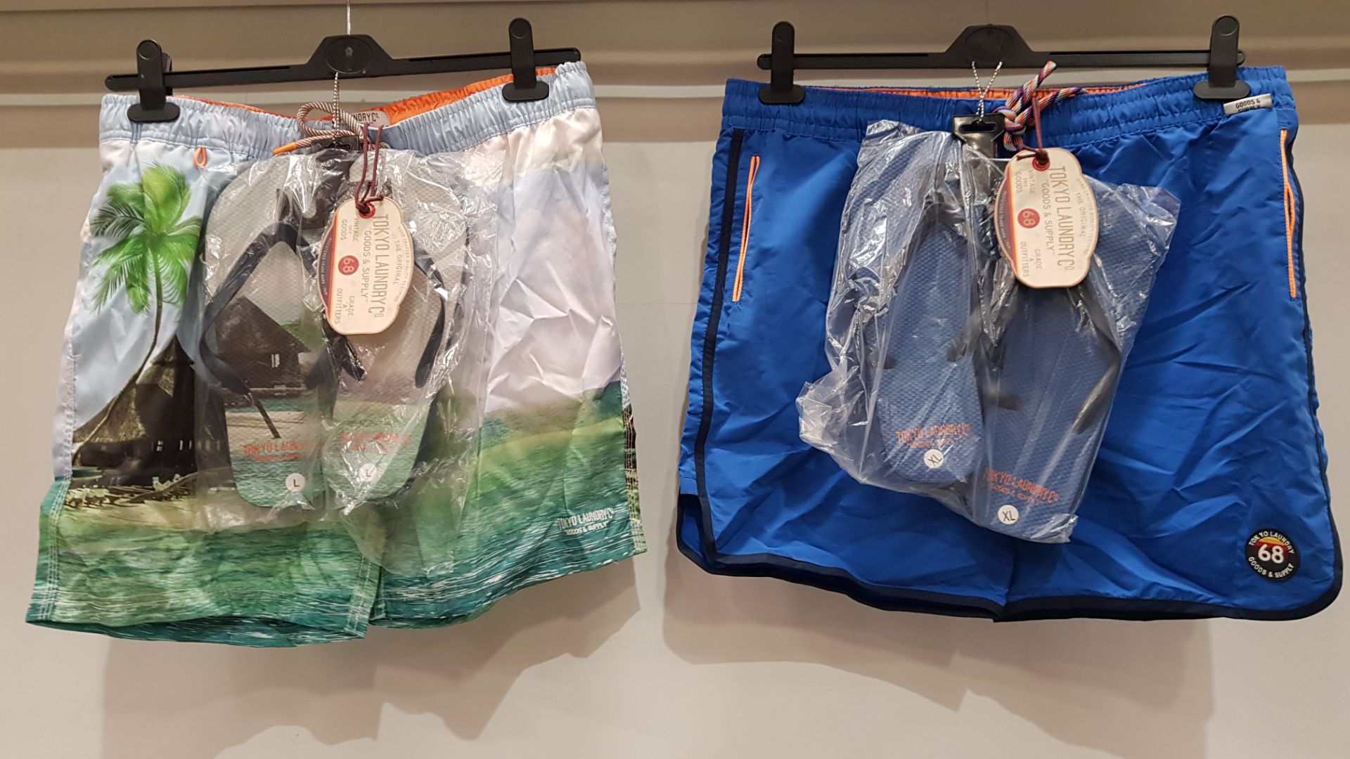 11 X BRAND NEW TOKYO LAUNDRY MEN'S SWIM SHORTS & FLIP FLOPS SET'S IN OCEAN BLUE AND HAWAIIAN STYLE