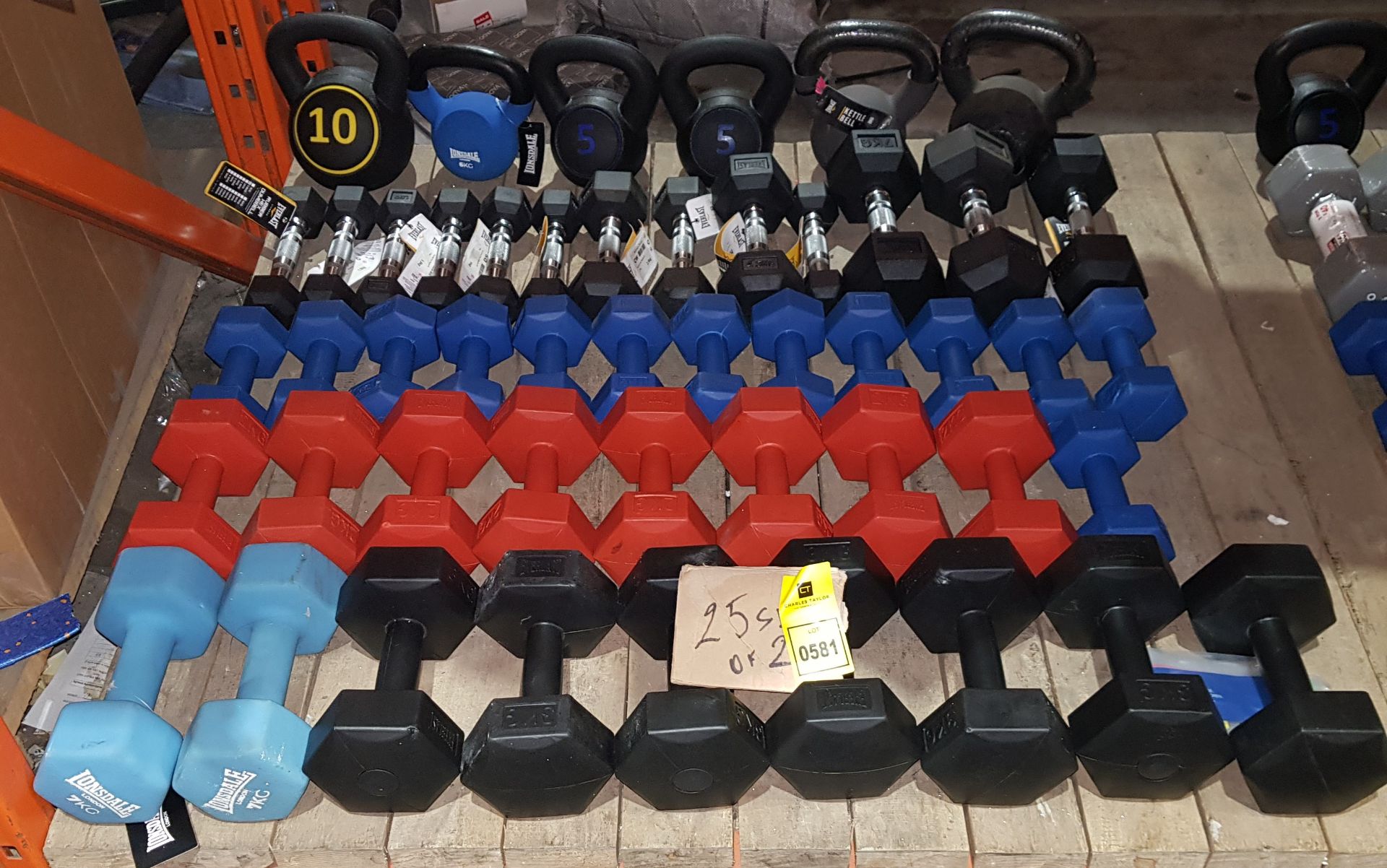50 PIECE MIXED GYM LOT CONTAINING EVERLAST RUBBER HEX SETS OF 2 DUMBELLS - 1.5 KG / 2.5 KG / 4.5