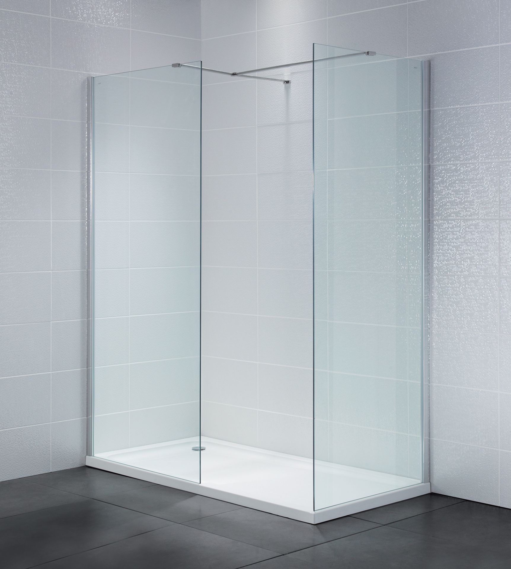 22 X BRAND NEW APRIL IDENTITI CLEAR GLASS AND POLISHED SILVER WET ROOM PANEL ( SIZE W 500 X H 2030