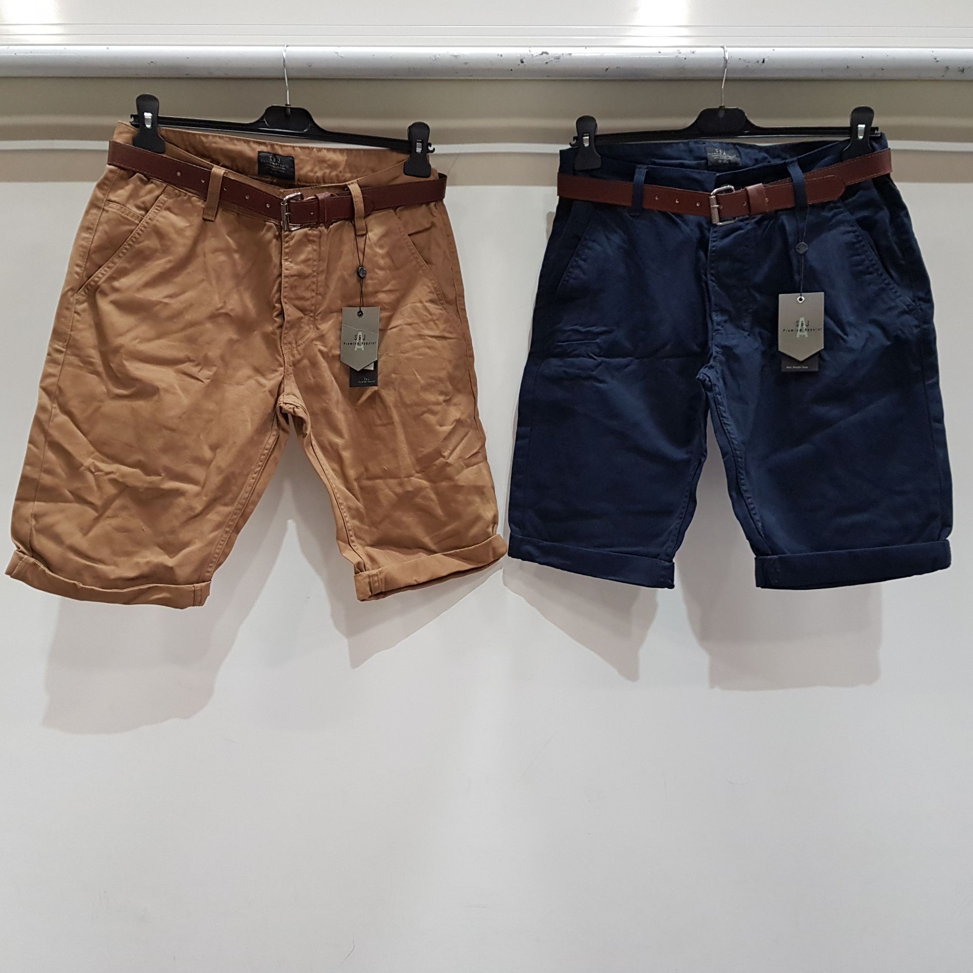 11 X BRAND NEW S&J PREMIUM LUXURY CHINO SHORTS WITH BELT 9 IN CAMEL SIZE 30W AND 2 IN NAVY SIZE