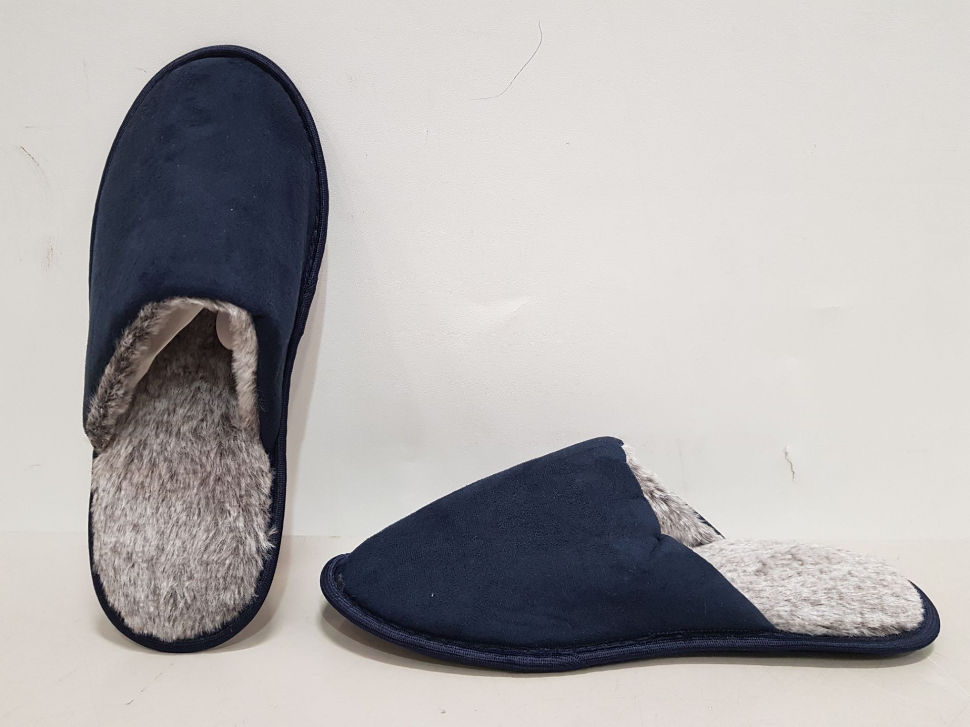 54 X BRAND NEW FAUX FUR SUEDE SLIPPERS - ALL IN NAVY - ALL IN SIZE L - IN 3 BOXES