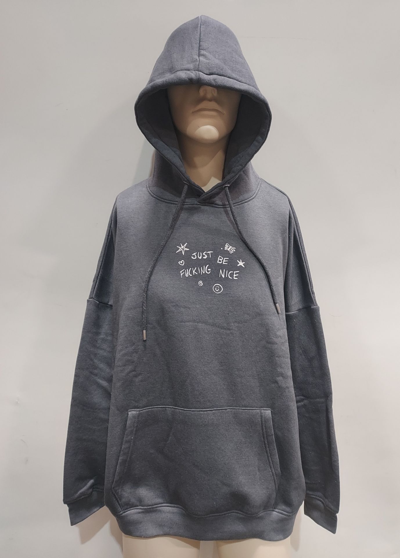 22 X BRAND NEW DAISY STREET HOODIES WITH JUST BE F#@#ING NICE IN CHARCOAL IN SIZES 4 SMALL , 18