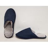 54 X BRAND NEW FAUX FUR SUEDE SLIPPERS - ALL IN NAVY - ALL IN SIZE L - IN 3 BOXES